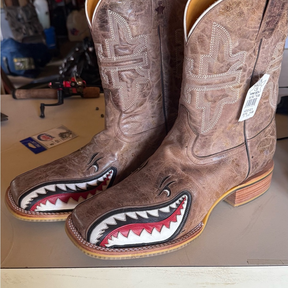 Tin Haul Brown and Red Cowboy Boots with Shark Design
